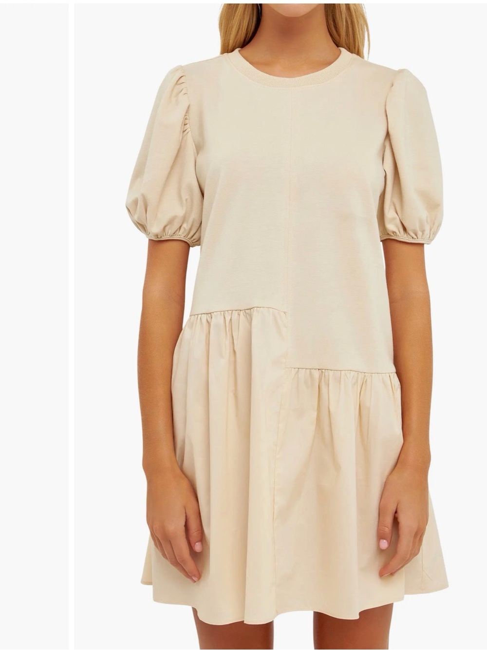 English Factory Taupe Puff Shoulder Mixed Media Minidress - L